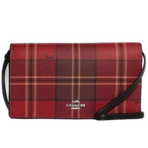 Coach Anna Foldover Clutch Crossbody Red Black Tartan Plaid Print